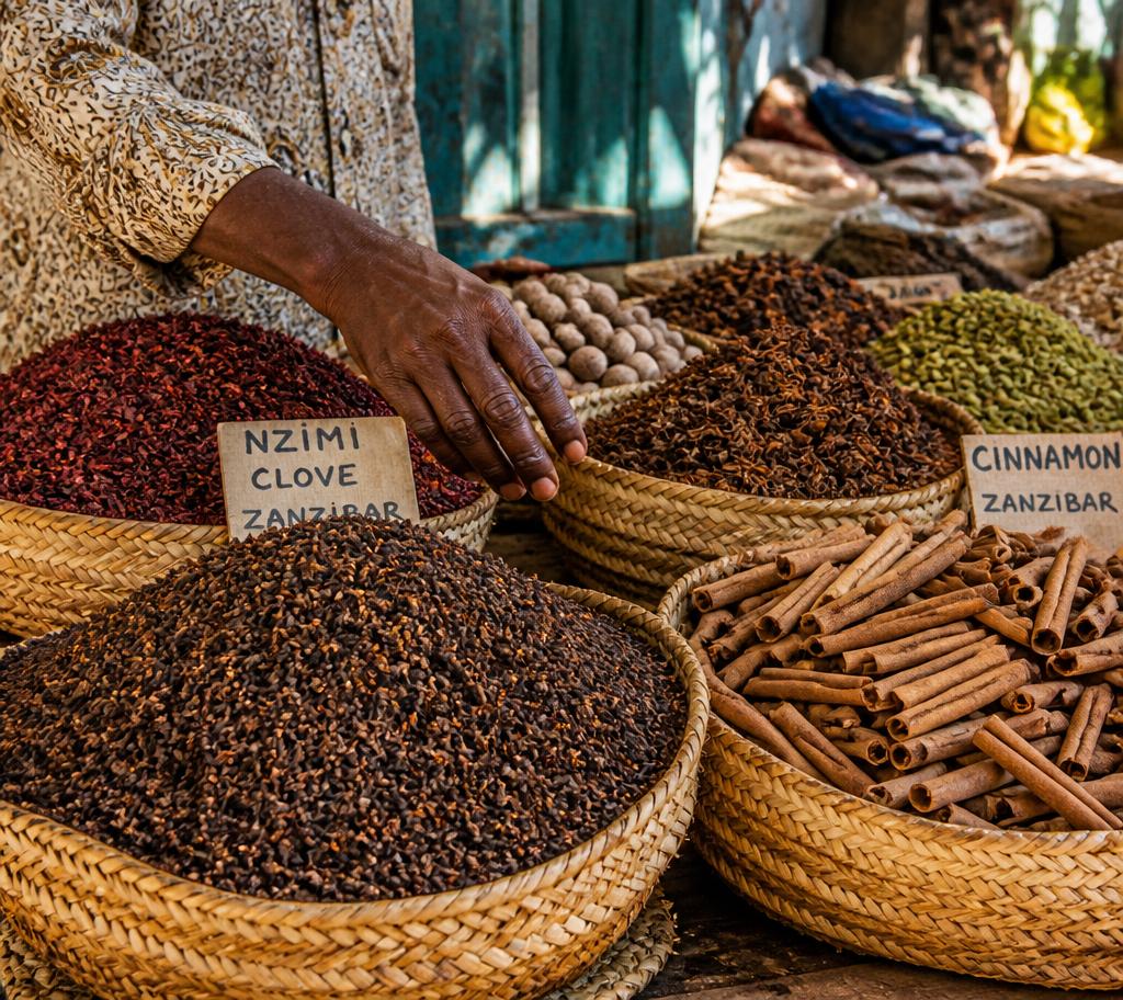 Mercato delle spezie a Zanzibar con ceste di chiodi di garofano e cannella